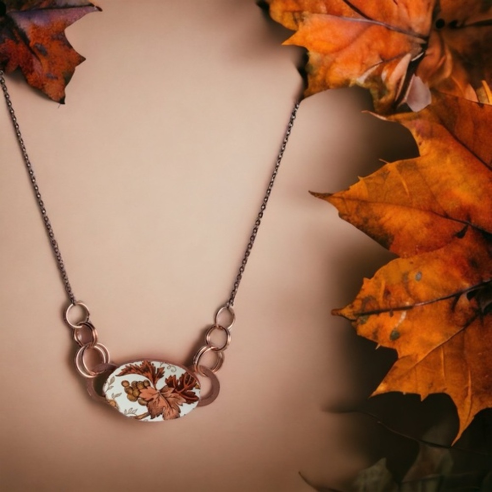 Rare Wedgwood china made into one of a kind pendant. Upcycled. Fall theme.